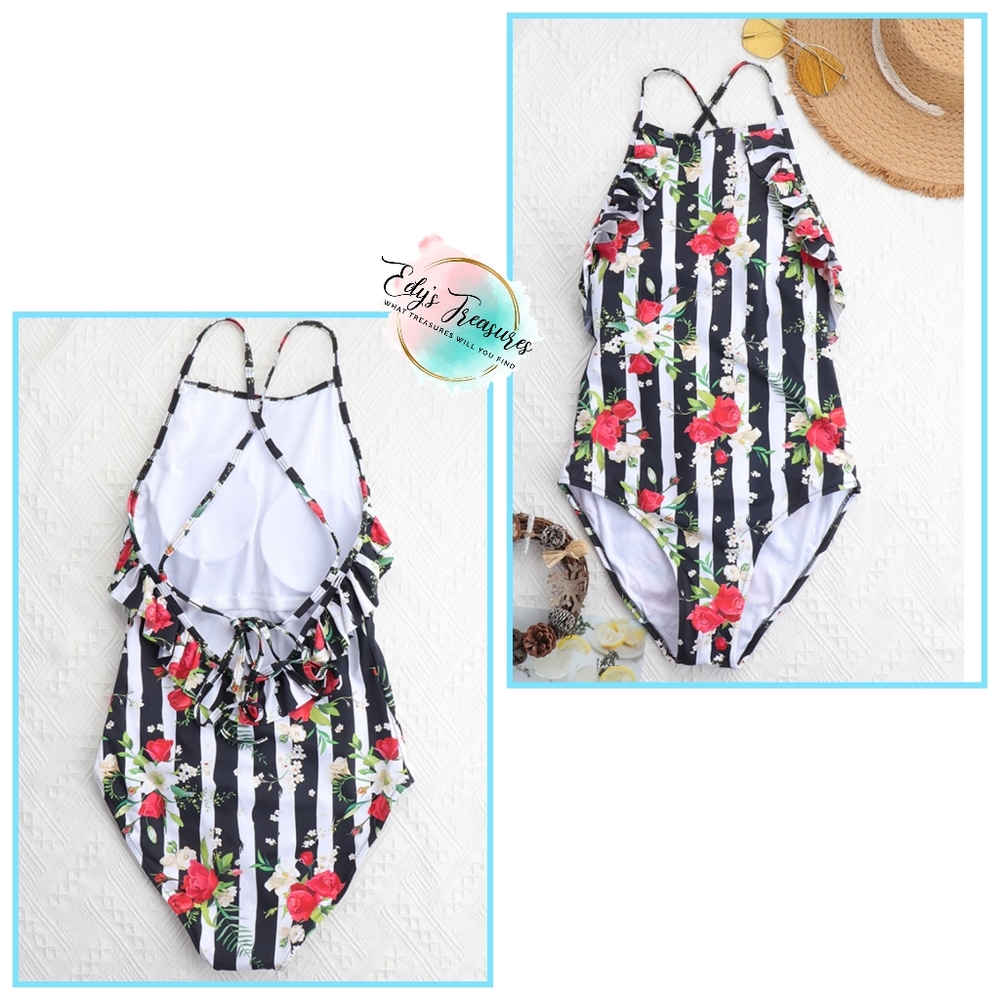 New Floral Striped Ruffled Tie Back One-Piece Swimsuit - Picture 1 of 4
